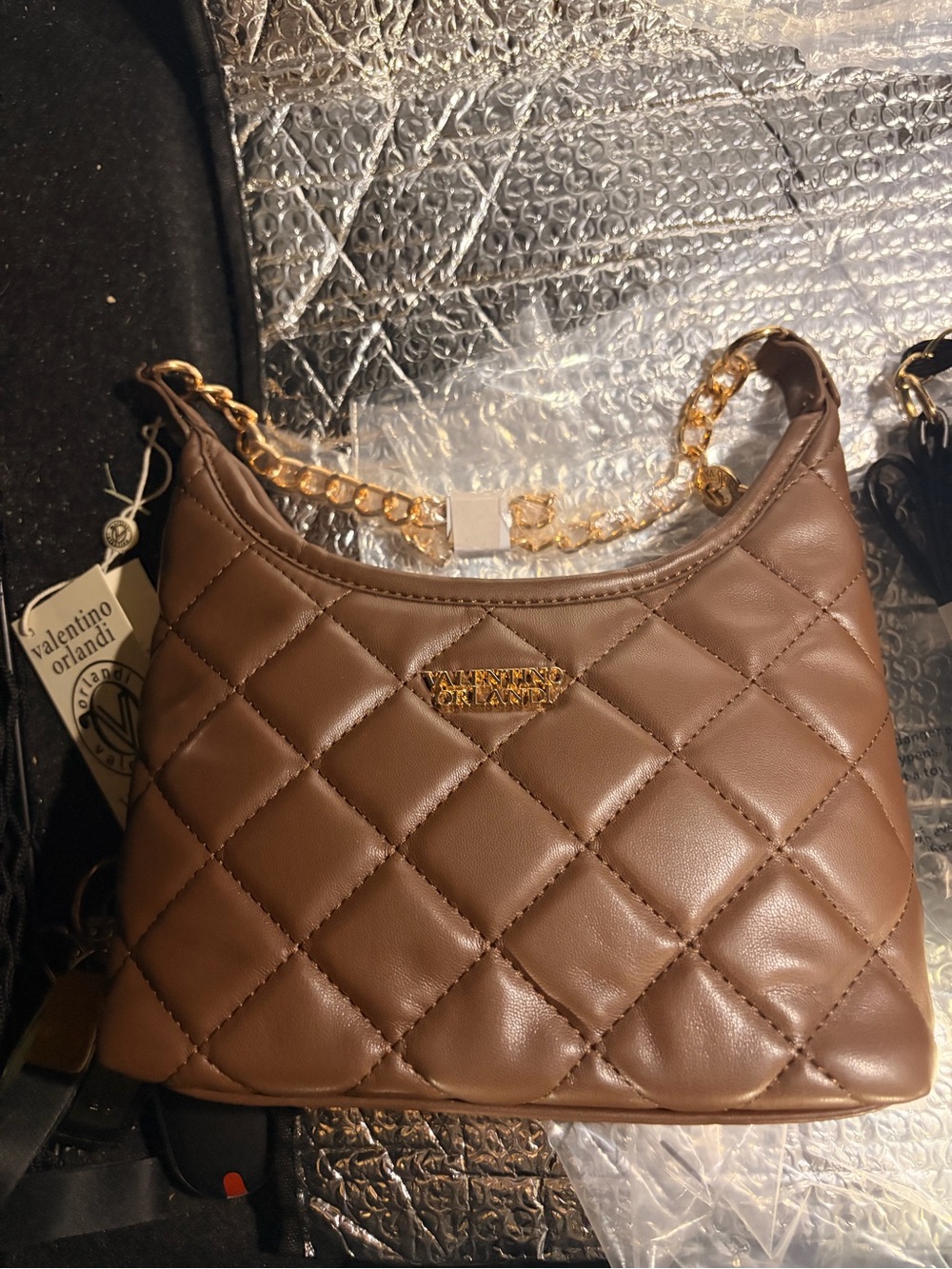 Valentino Orlandi Quilted Brown Leather Shoulder Bag with Gold Chain